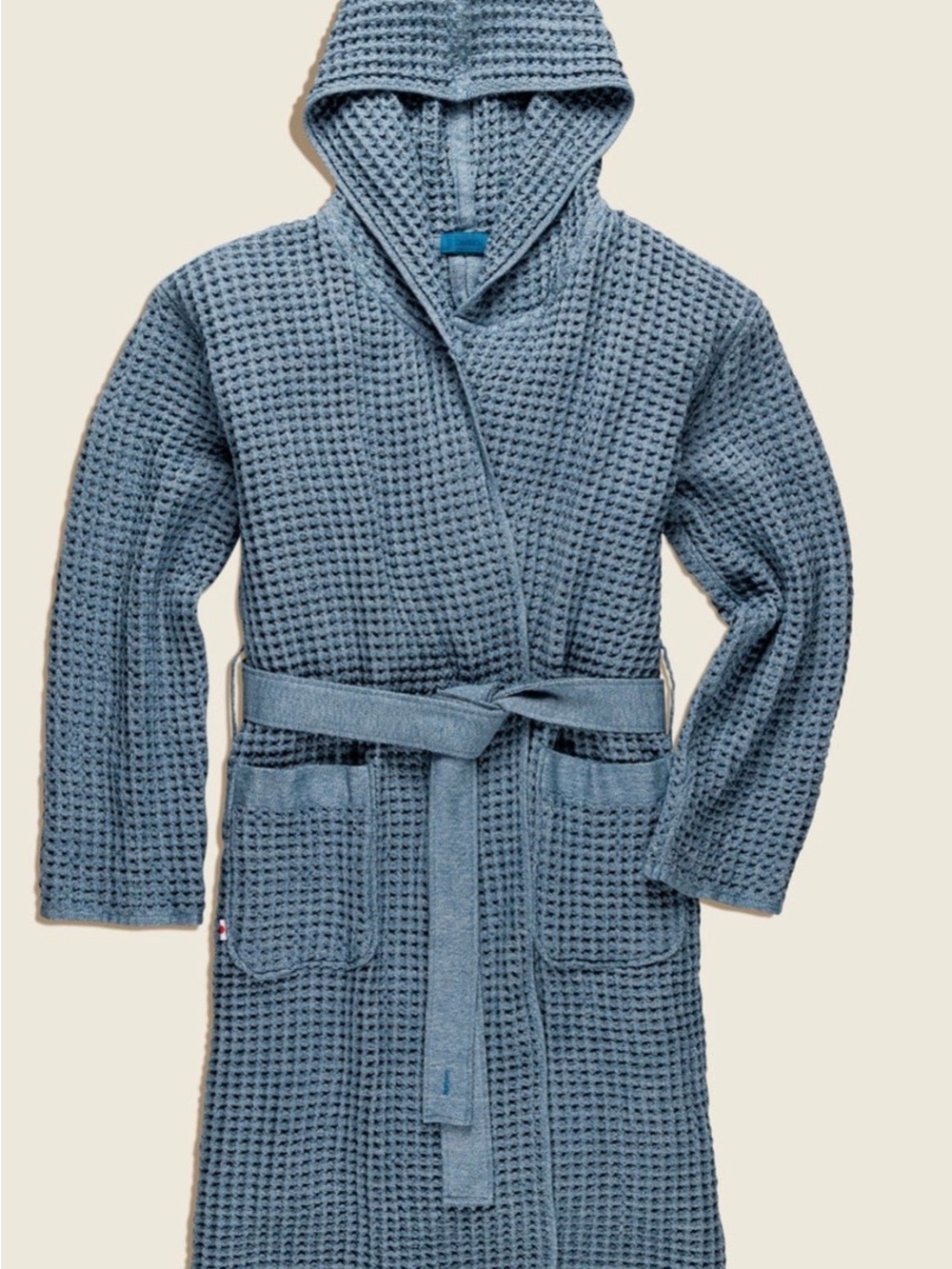 Onsen Hooded Waffle Robe in Denim Blue Large - Waffle Prim Cotton Unisex